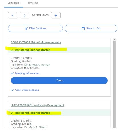 Image of Registered, but not started highligted
