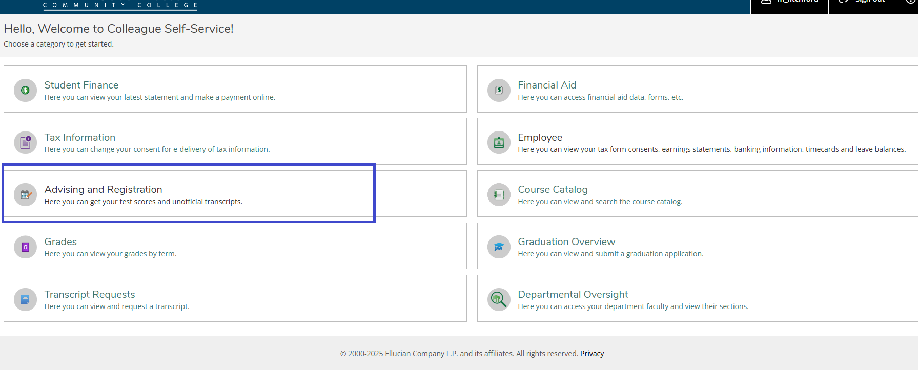 Self-Service Home Page with Advising and registration highlighted