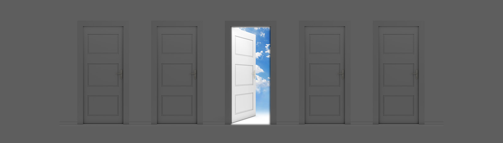 Closed doors with the middle one open, showing blue sky and white clouds