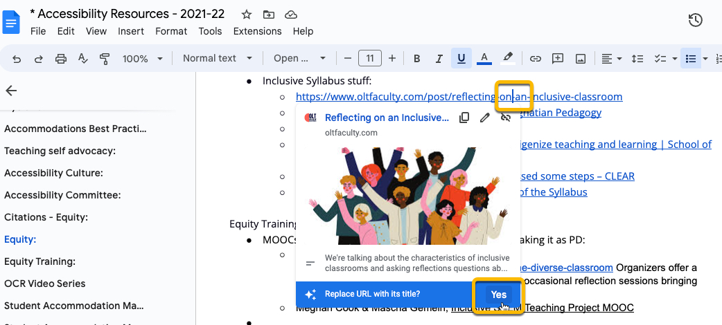 screenshot of a link in Google docs with a pop up asking if the user wants to replace the URL with the website's title