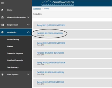 Academics tab with a sample course highlighted