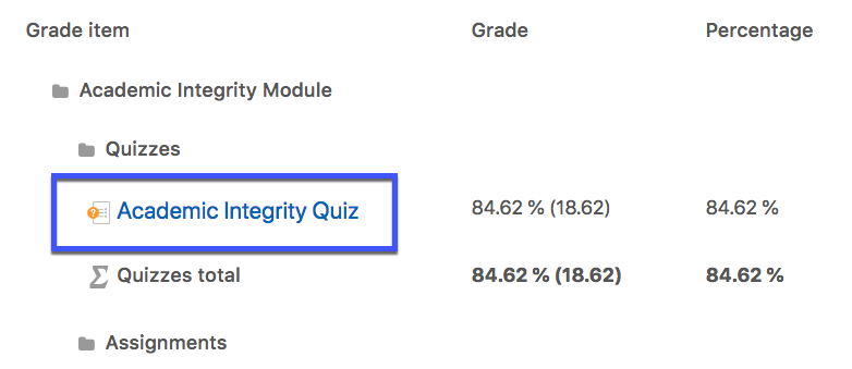 Sample assignment highlighted in blue with the grade visible to the right