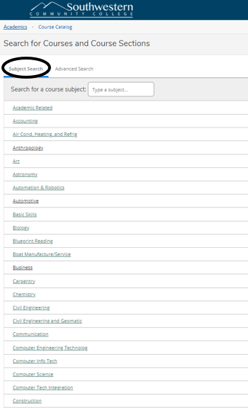 Subject Search highlighted in blue