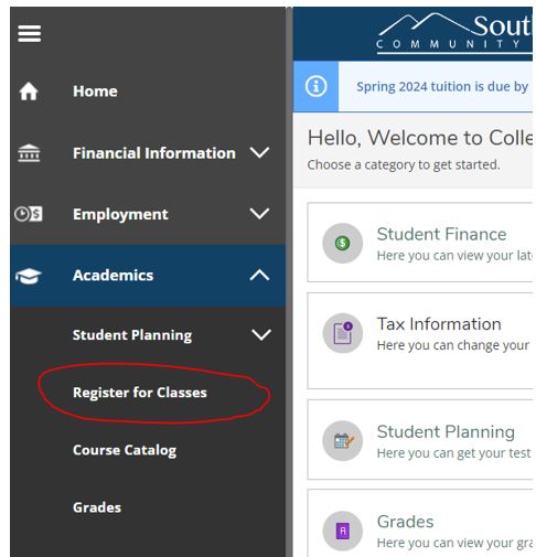 Image of Register for Classes circled in red"   title: Not specified