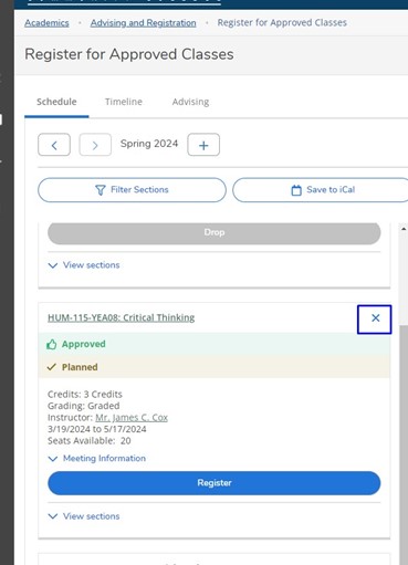 Image of Register for Approved Classes and the X button