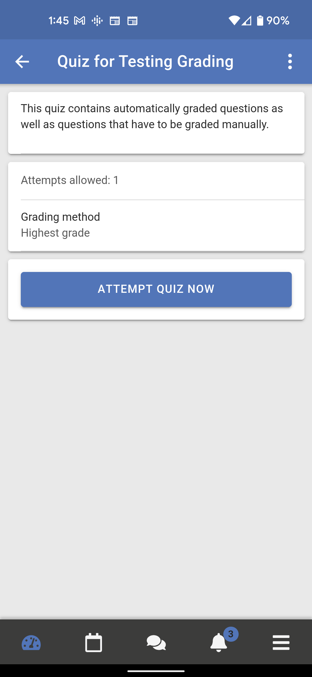 Screenshot of OpenLMS App open to quiz screen showing attempts allowed