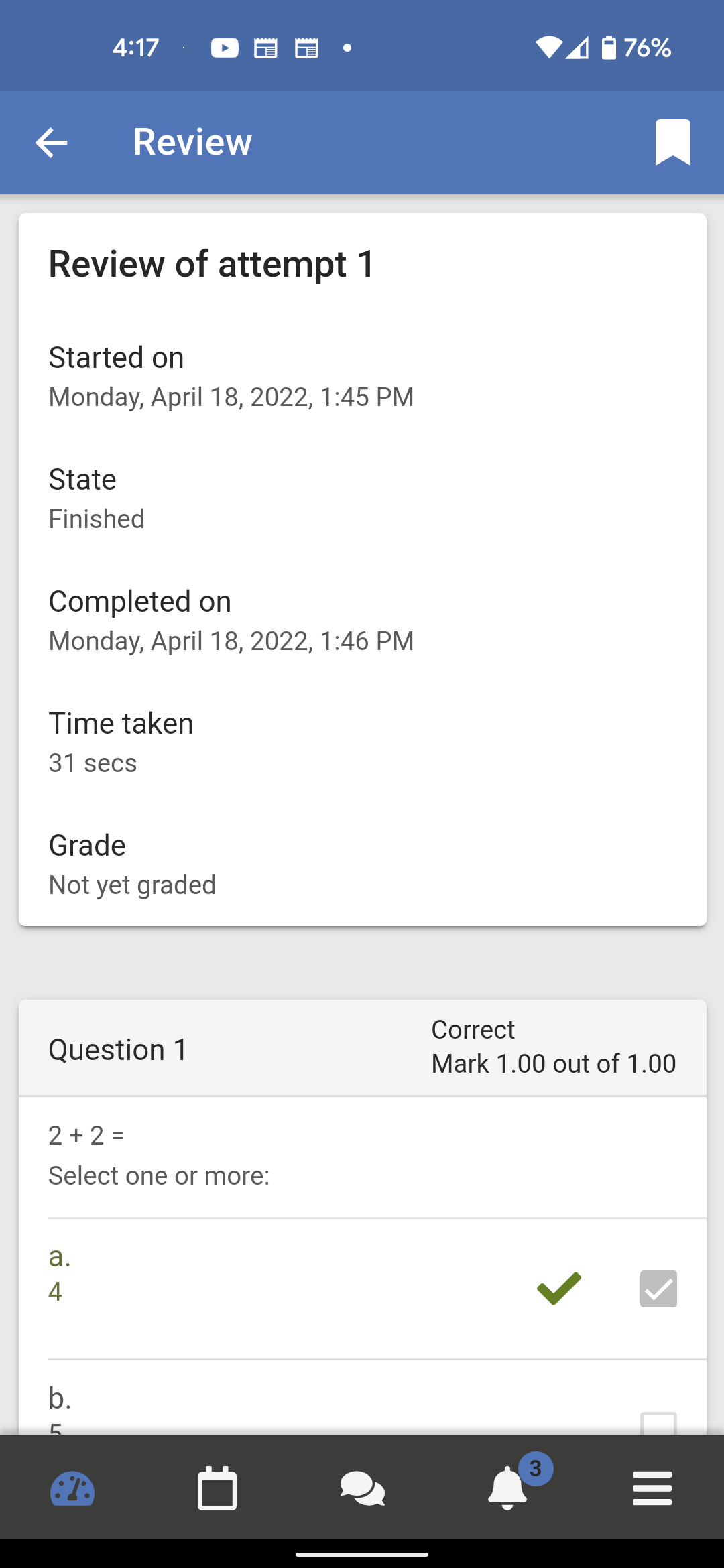 Screenshot of OpenLMS App showing completed quiz screen.