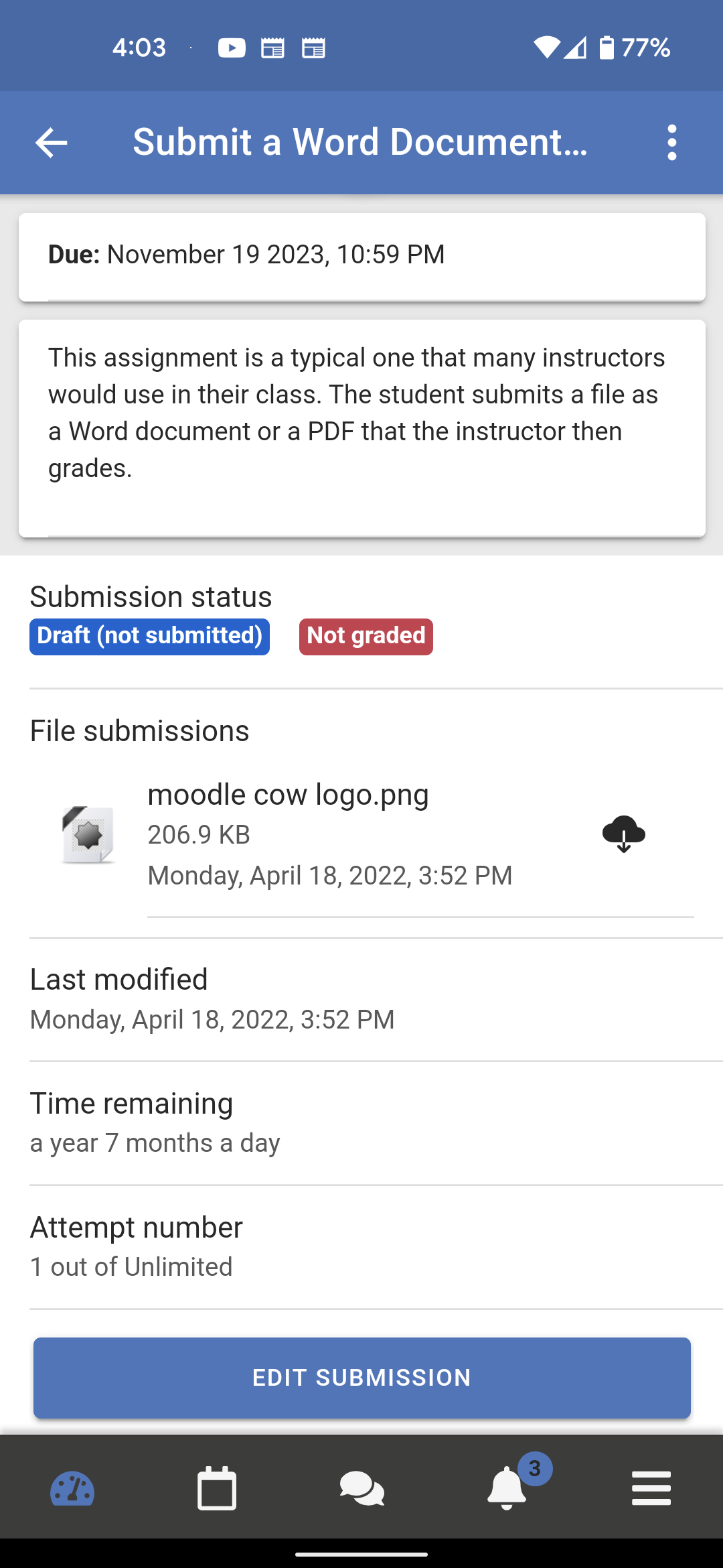 OpenLMS App Submission Confirmation with Submitted Assignment