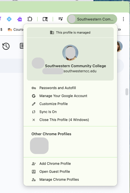 screenshot of Google profile logged into SCC account