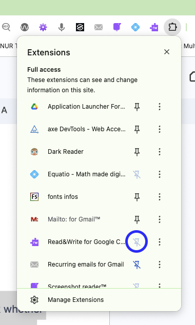pin has been circled next to read&write chrome extension in extension list