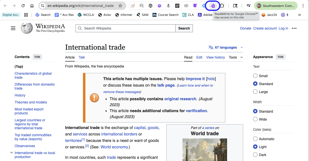 read&write chrome extension is outlined in blue