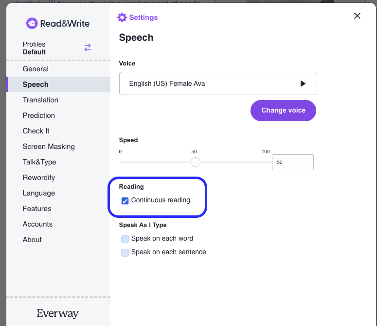 continuous scrolling option box outlined in blue