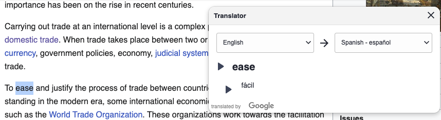 translator textbox showing English to Spanish for the word "ease"