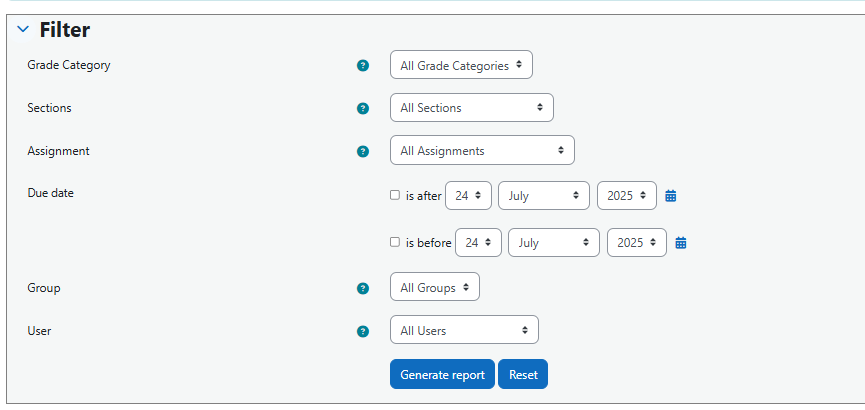 Filter options list for reports.