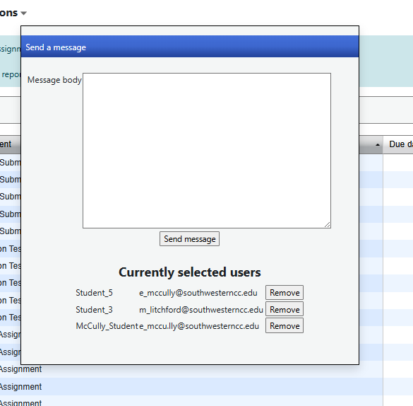 Message box with student list