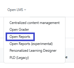 OpenLMS dropdown with Open Reports highlighted