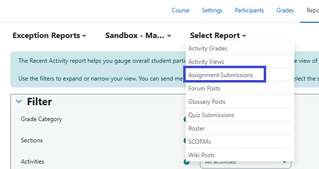 Select the report drop-down, and assignment submissions are highlighted.
