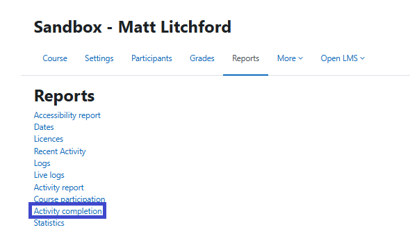 Reports section of Moodle with Activity Completion Highlighted.