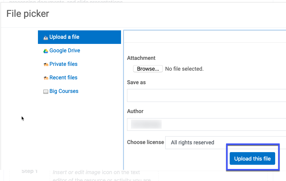 highlighting the Upload this File button in blue