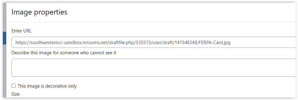 Image properties screen