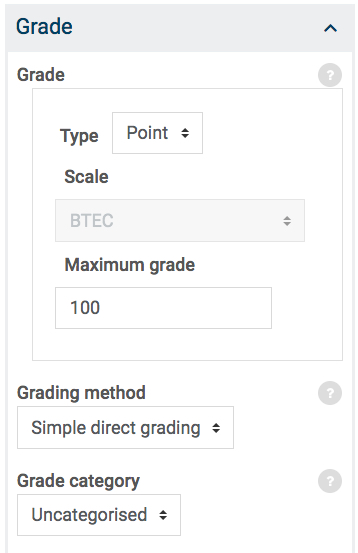 Grade settings for assignment