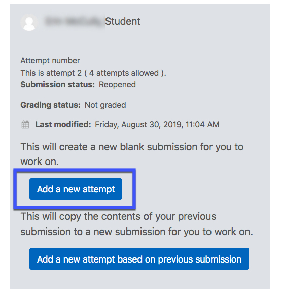 Highlighting the Add a new attempt button in blue
