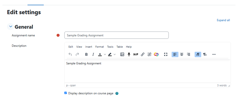 Assignment settings page