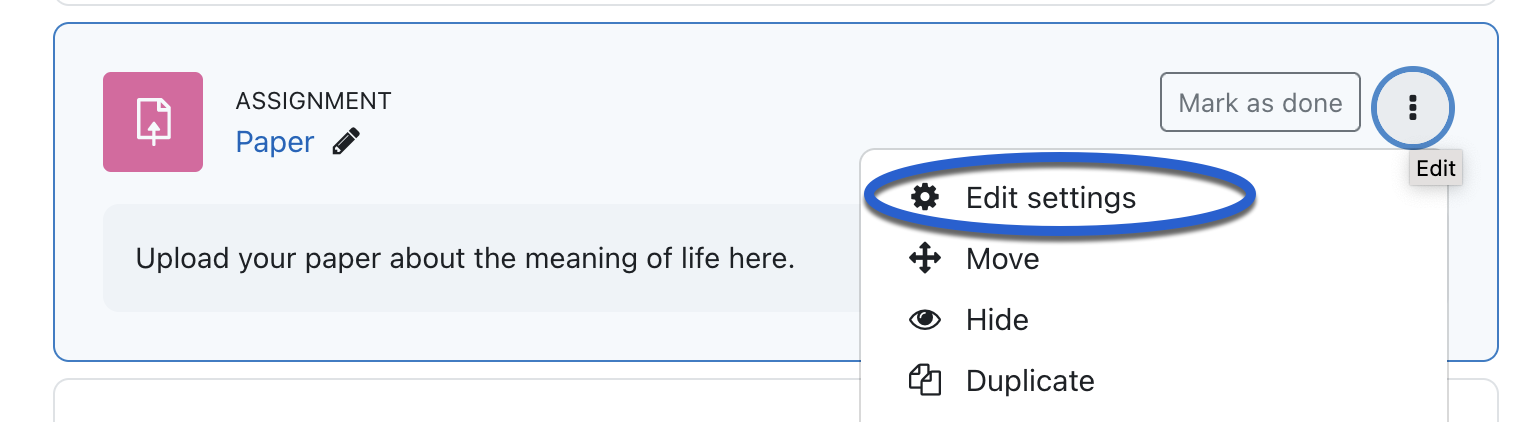 Assignment drop-down with edit settings highlighted
