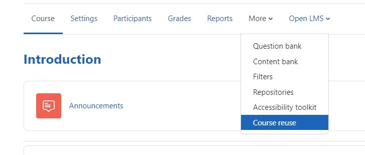 More drop-down from Moodle navigation menu with course reuse highlighted