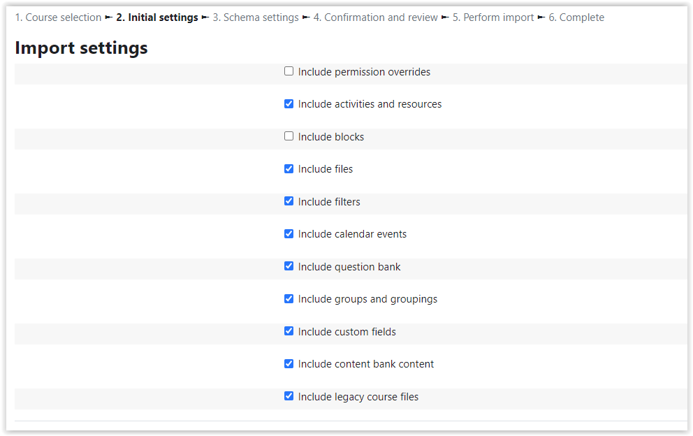 Import settings page