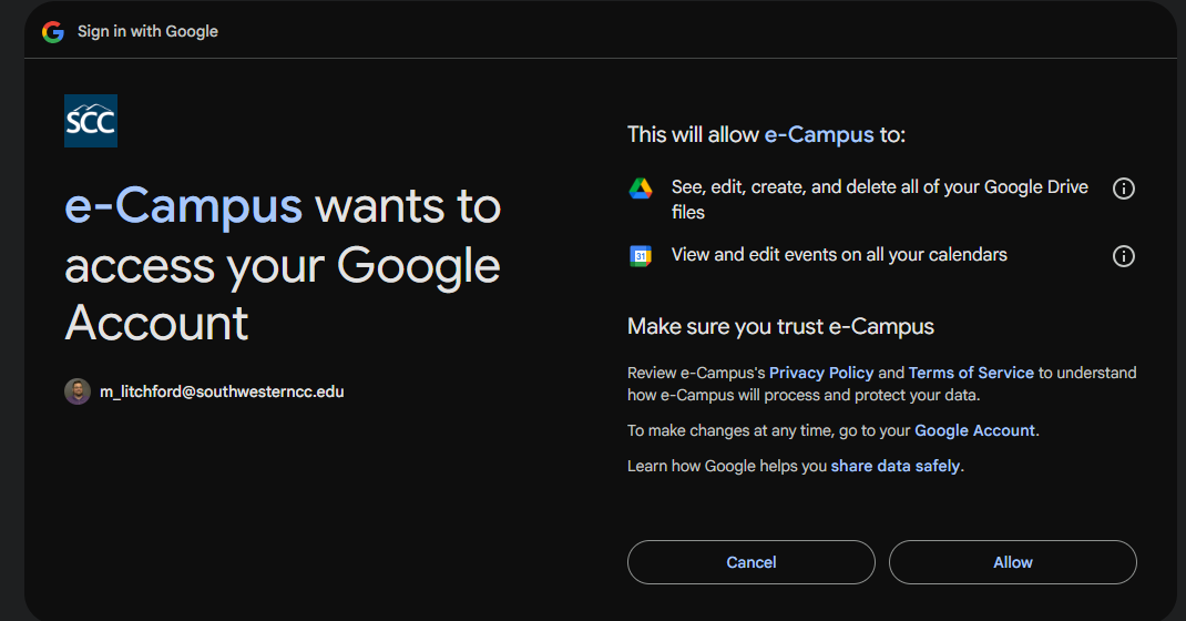 Google account permission page, asking for communication between Moodle and Google