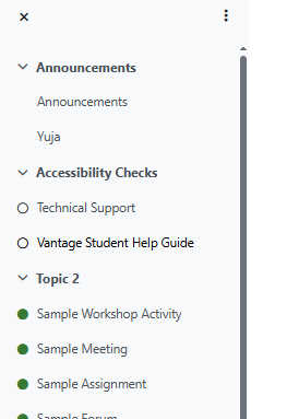 Student Navigation panel in Moodle with empty and filled marks next to assignment titles