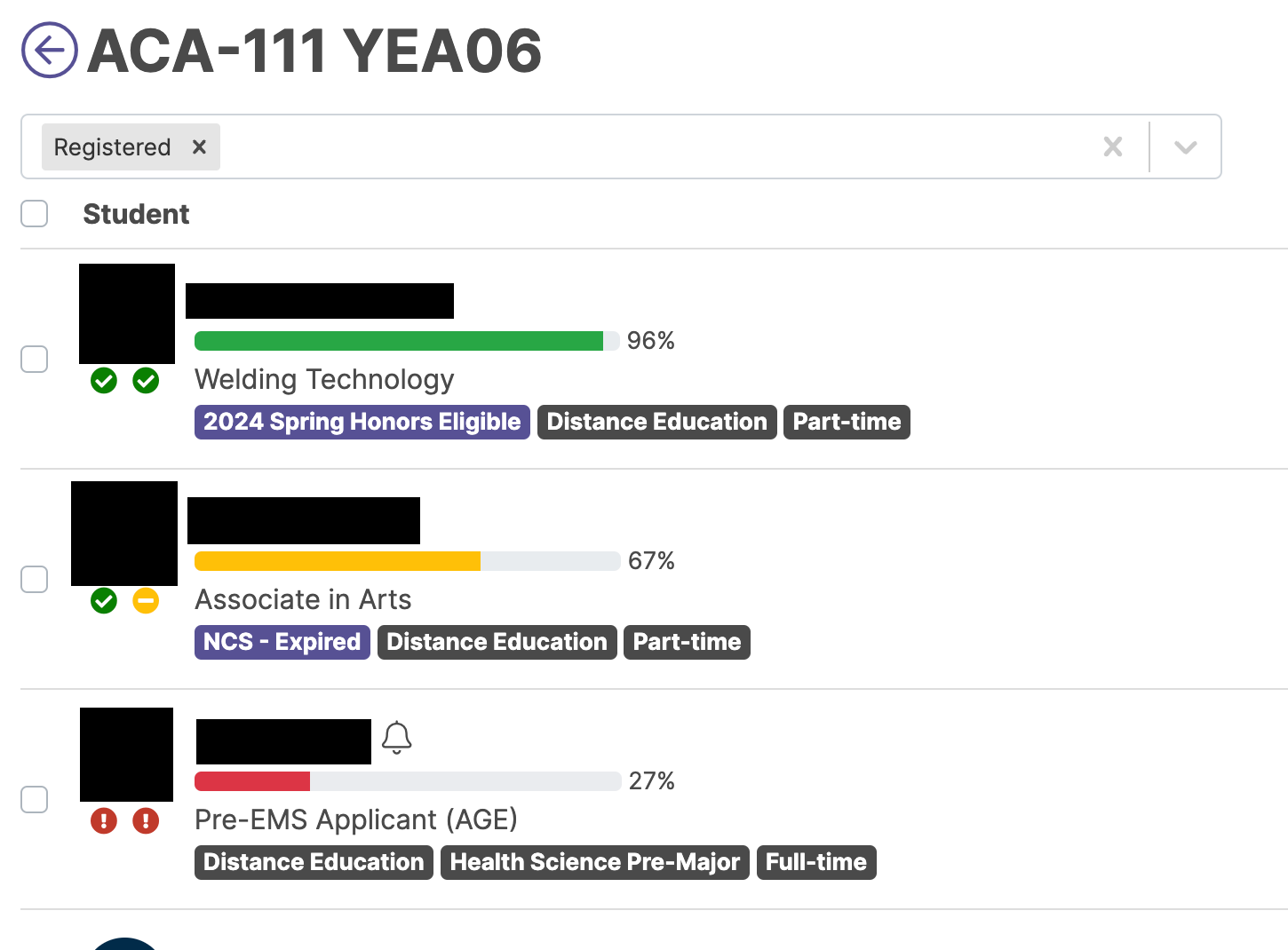 Registered student list with names and images blacked out. Lists program and status.