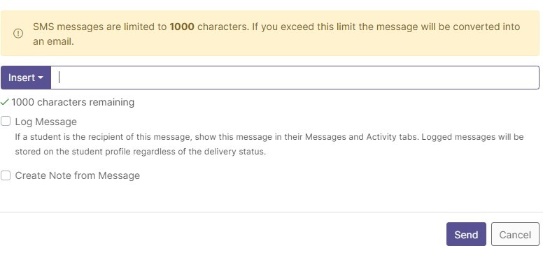 Message input text box with log message and create note options.