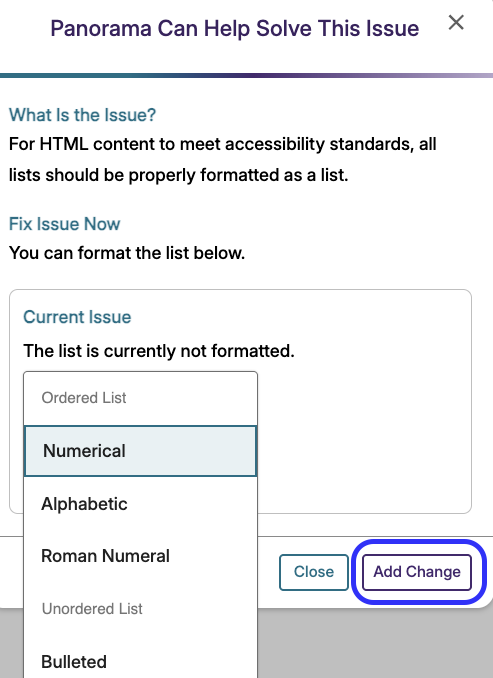 List options and add change button outlined in blue