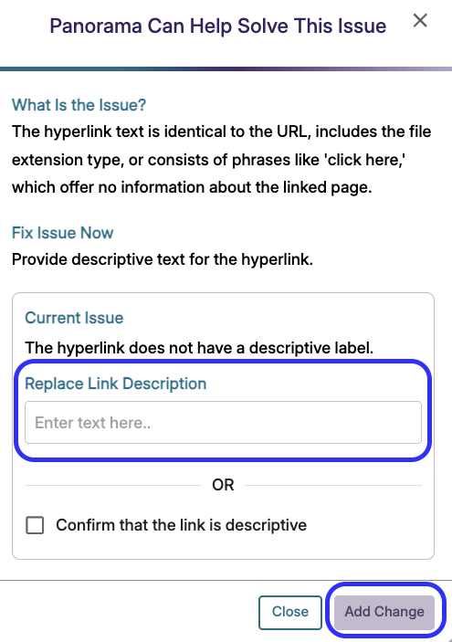 screenshot with replace link description option outlined in blue, and add change outlined in blue