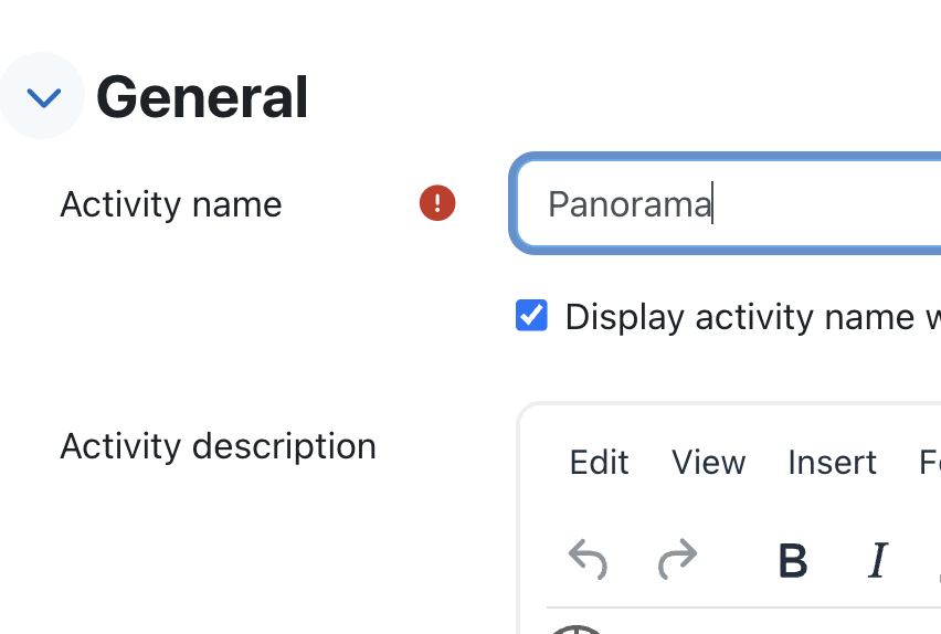 Activity name text box with "Panorama" in the box